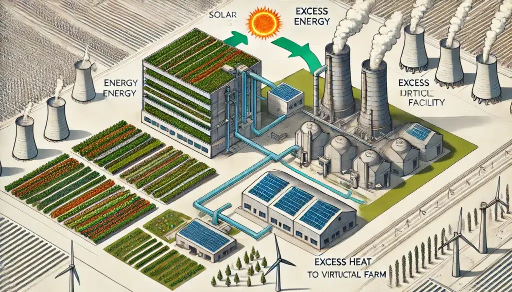 AI generated illustration of a vertical farm beside an industrial facility, featuring solar panels, wind turbines, and heat exchange systems for energy efficiency and sustainability.